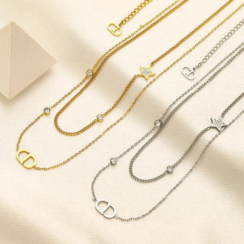 304 Stainless Steel Layered Bar & Monogram Necklace