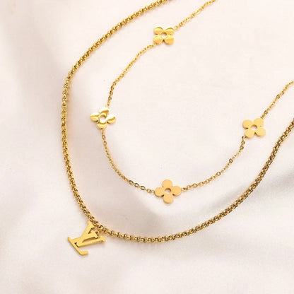 304 Stainless Steel Layered Flower & Monogram Necklace