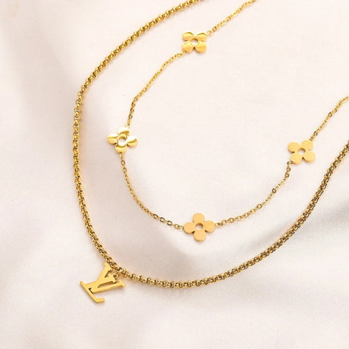 304 Stainless Steel Layered Flower & Monogram Necklace