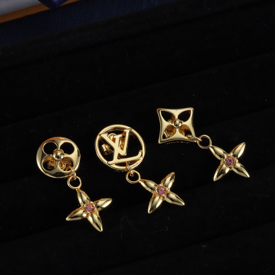 Four-Petal Flower Charm Drop Earrings