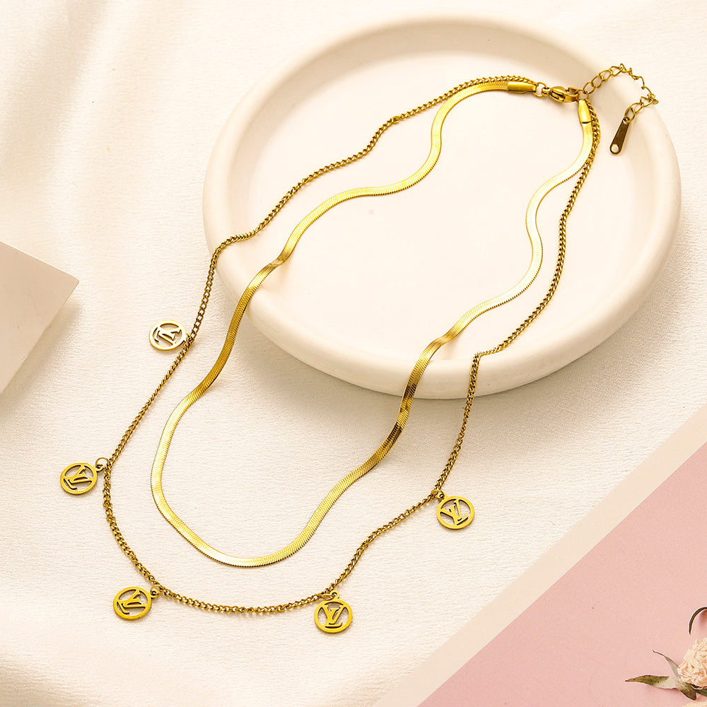 304 Stainless Steel Layered Herringbone & Disc Charm Necklace