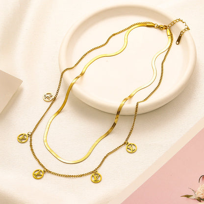 304 Stainless Steel Layered Herringbone & Disc Charm Necklace