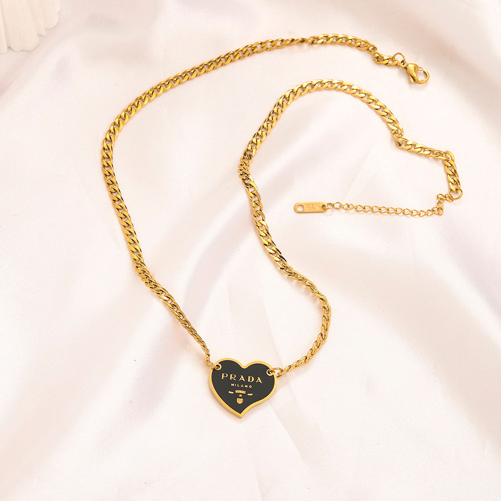 304 Stainless Steel Color-Inlay Heart Pendant Curb Chain Necklace