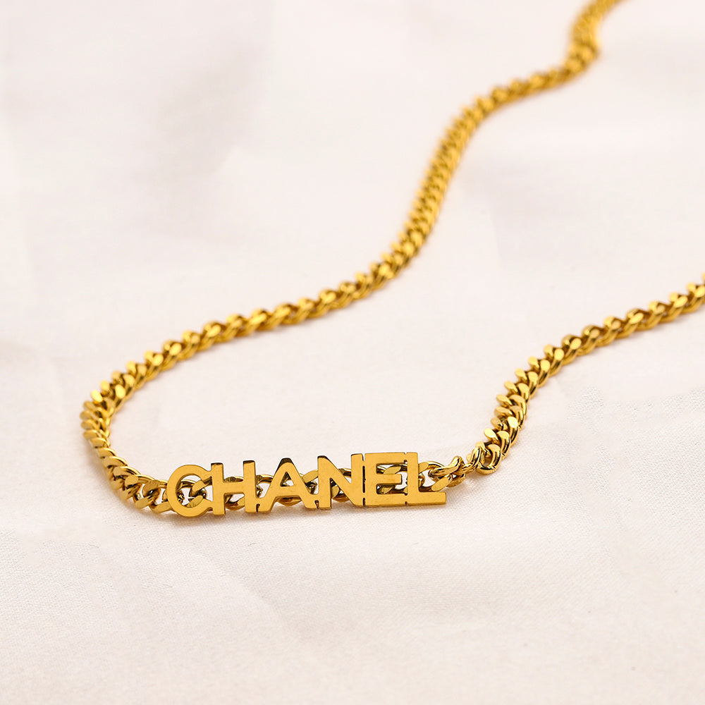 304 Stainless Steel Letter-Bar Curb Chain Necklace