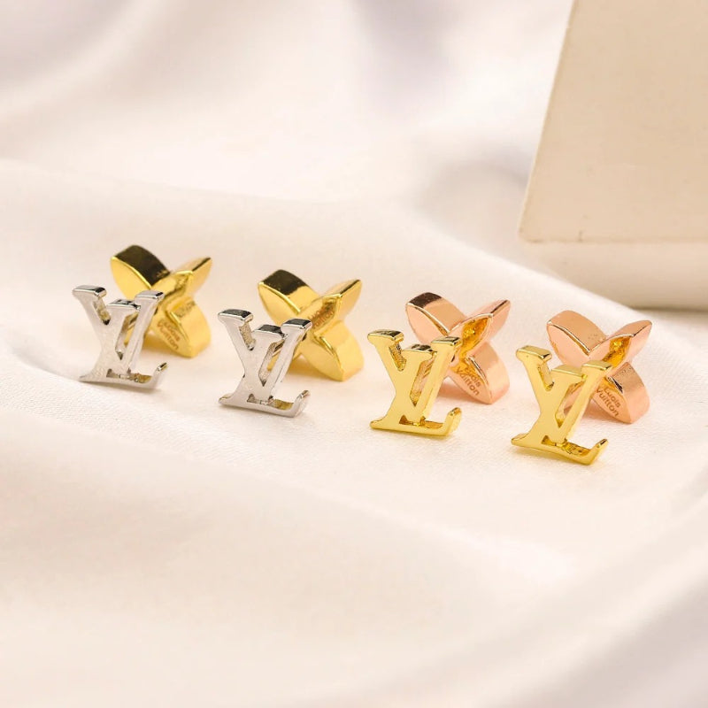 Copper Asymmetric Flower & Monogram Stud Earrings