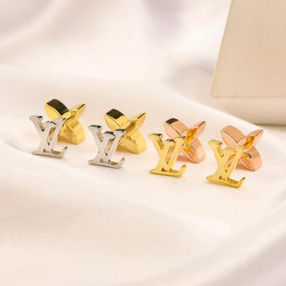 Copper Asymmetric Flower & Monogram Stud Earrings