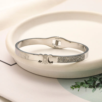 304 Stainless Steel Pave Accent Emblem Bangle