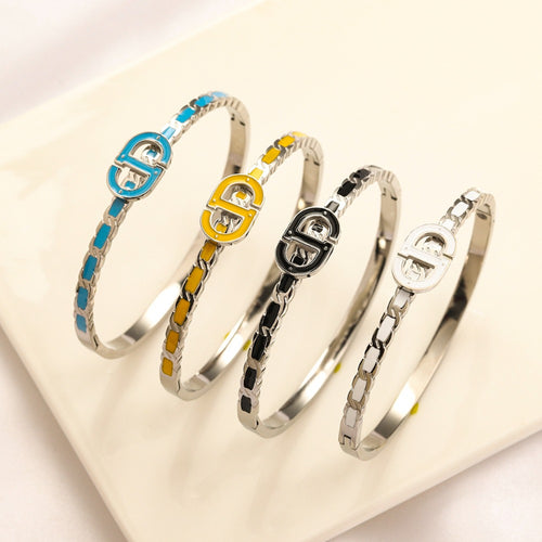 304 Stainless Steel Color-Inlay Round Monogram Bangle Bracelet