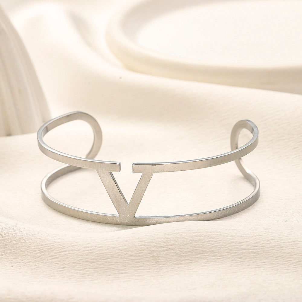 304 Stainless Steel Double Band V-Motif Cuff Bracelet