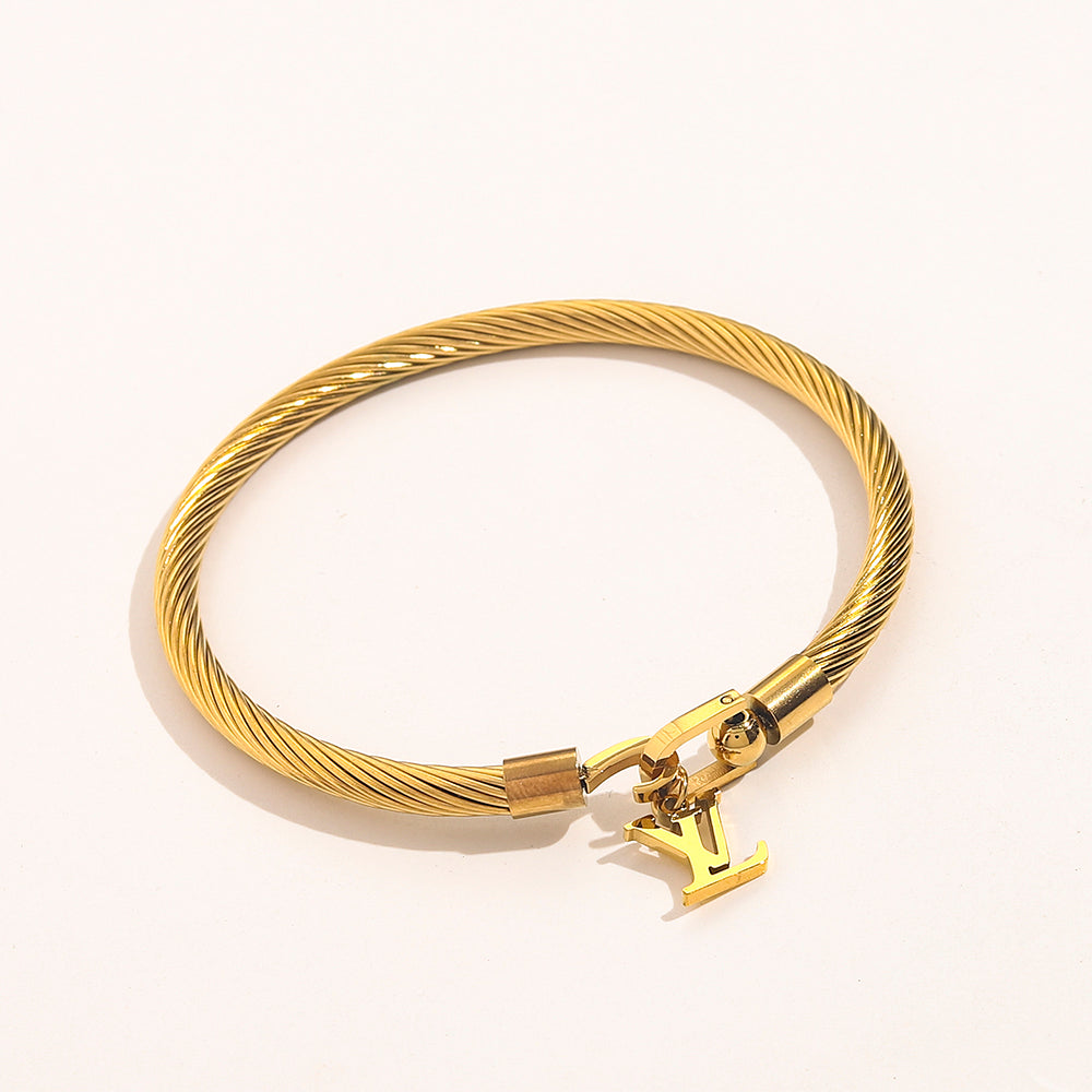 304 Stainless Steel Mesh Cord Bracelet with Monogram Charm