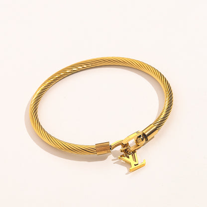 304 Stainless Steel Mesh Cord Bracelet with Monogram Charm