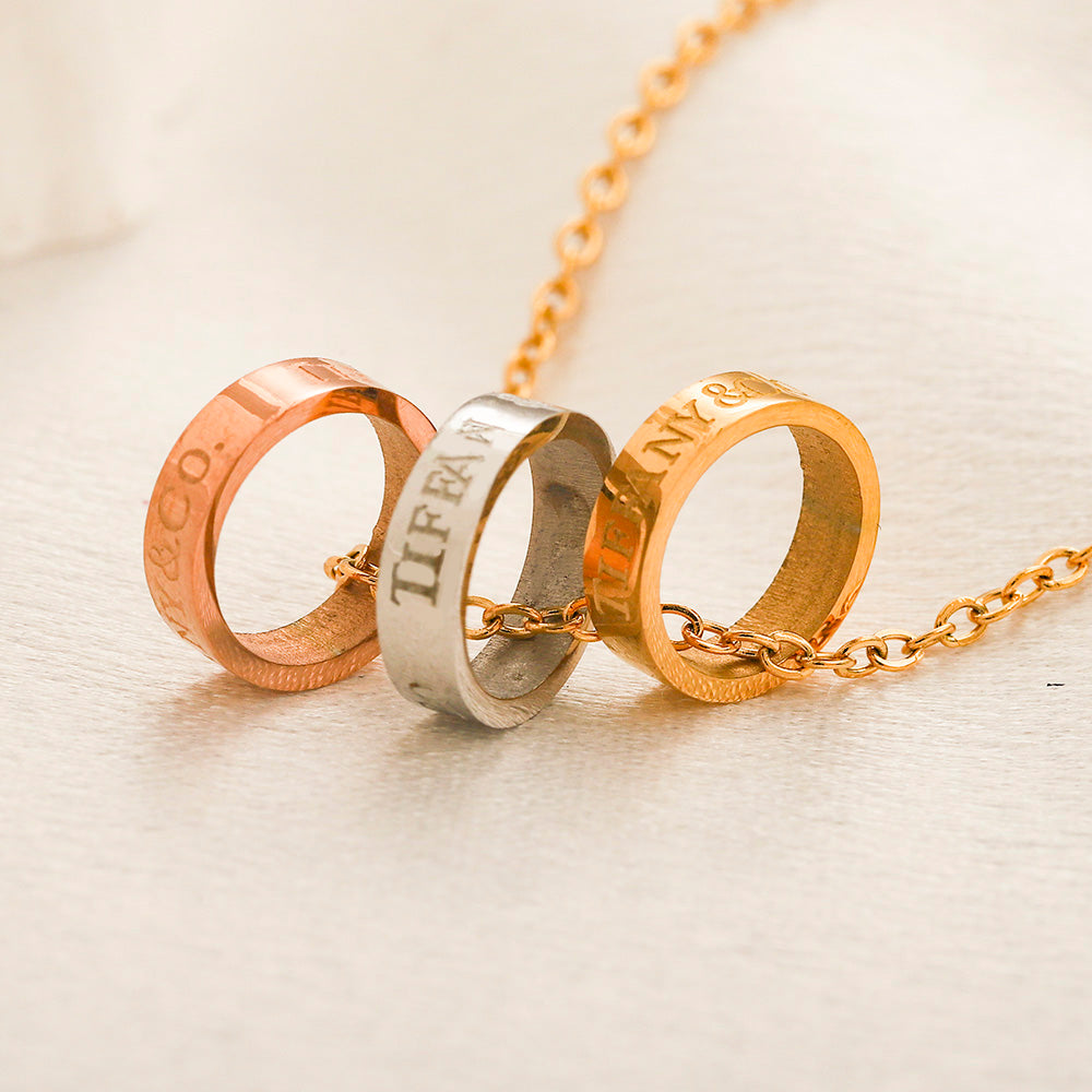 304 Stainless Steel Pave Double-Band Ring Pendant Necklace