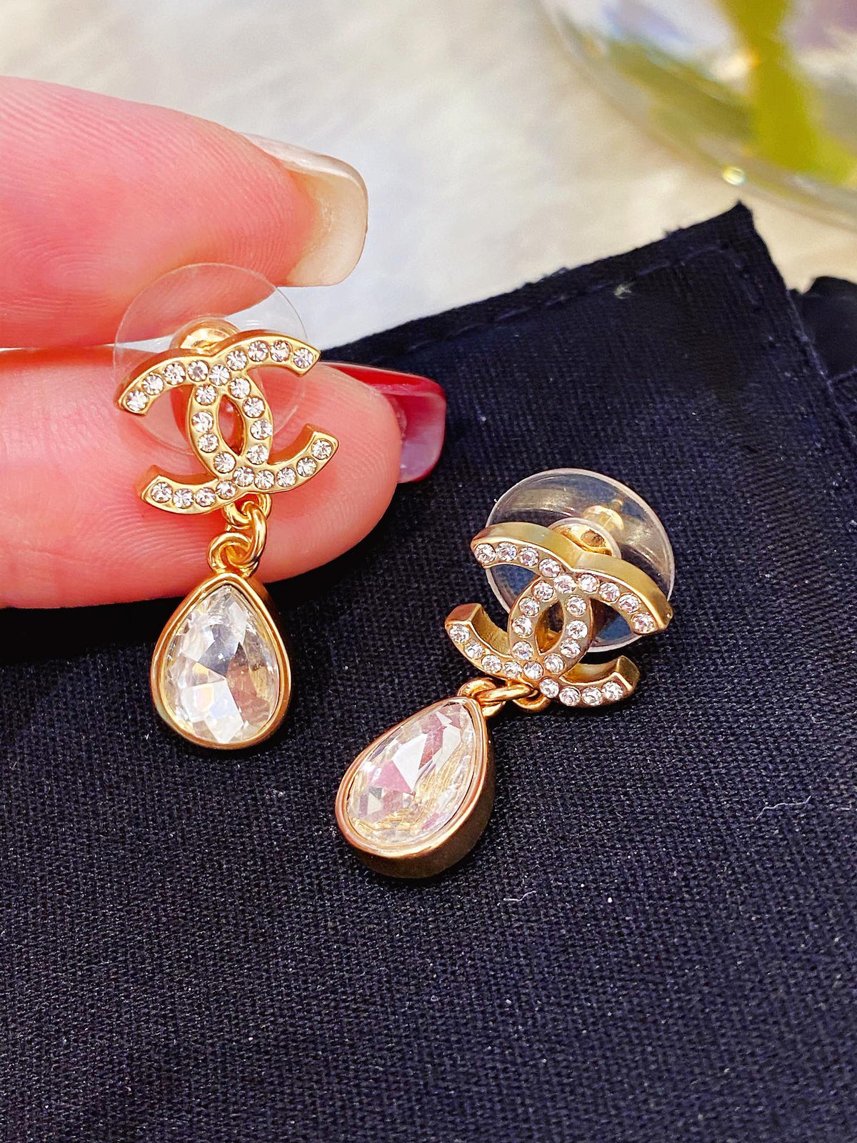 Pave Interlocking-C Teardrop Earrings