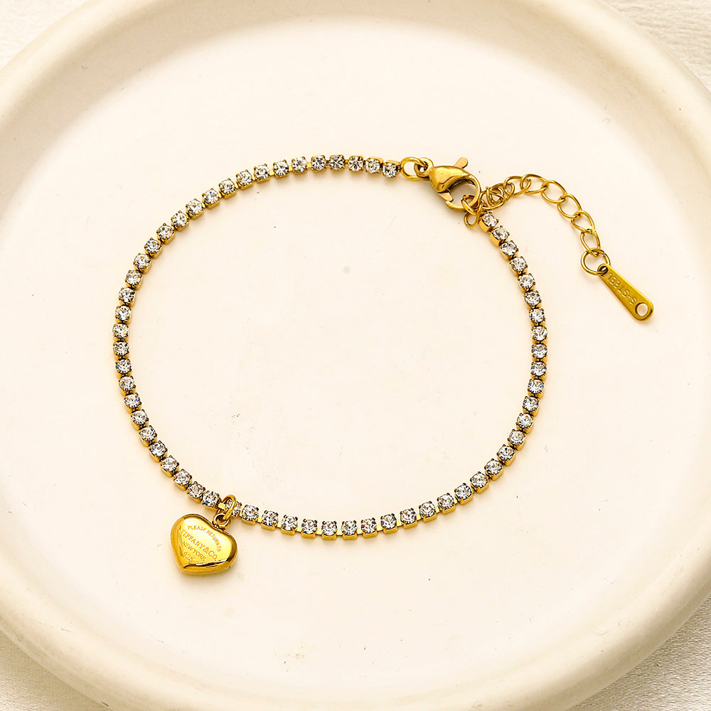 304 Stainless Steel Heart Pendant Stone-Link Bracelet