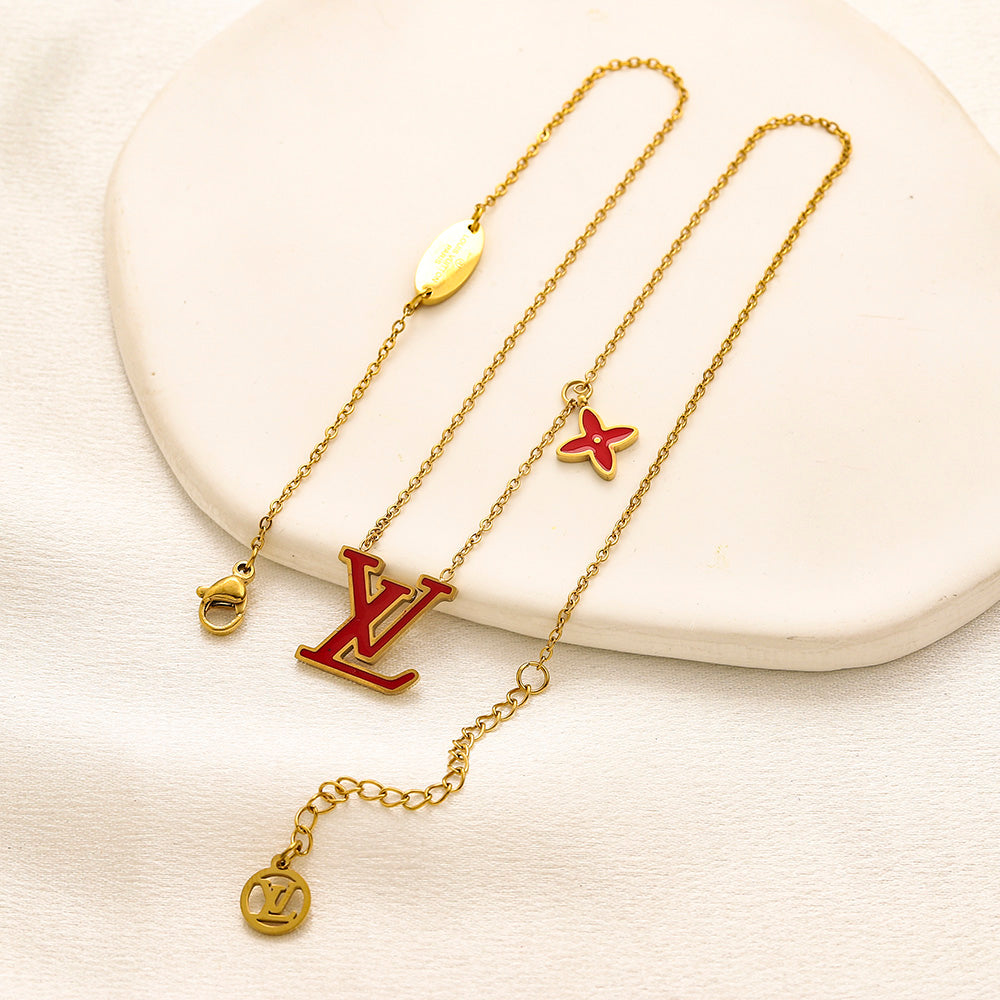 304 Stainless Steel Color-Inlay Monogram & Flower Necklace