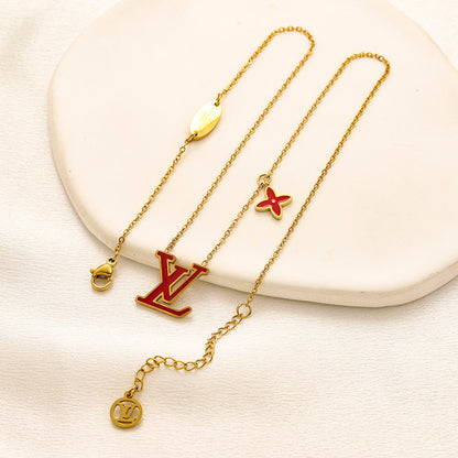 304 Stainless Steel Color-Inlay Monogram & Flower Necklace