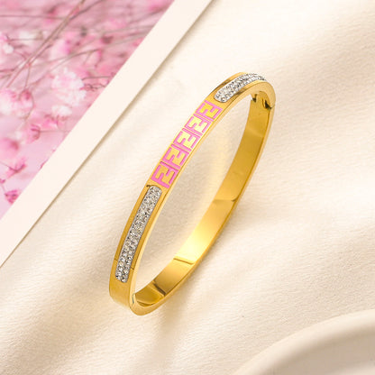 304 Stainless Steel Color-Inlay Lettering Pave Bangle Bracelet