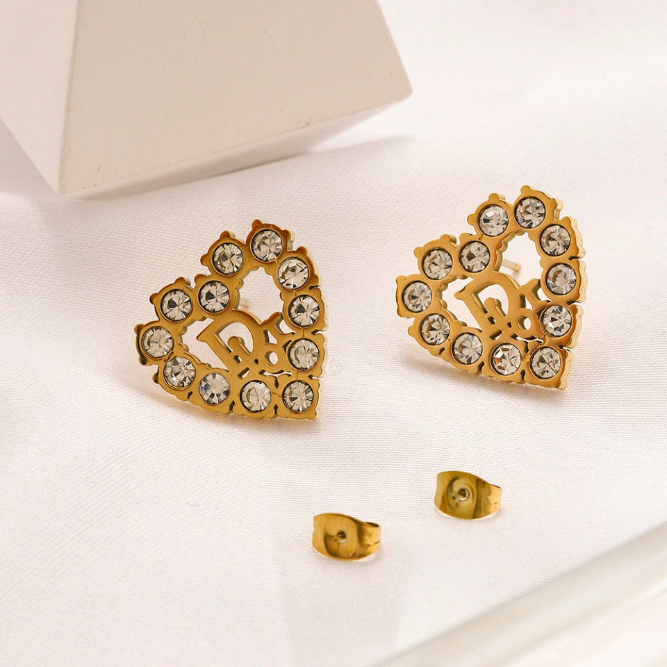 304 Stainless Steel Stone-Set Heart Stud Earrings