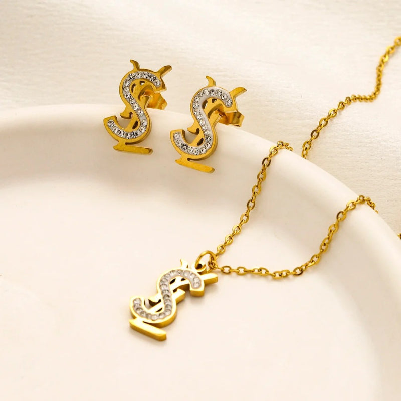 304 Stainless Steel Pave Monogram Earrings & Necklace Set