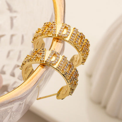 304 Stainless Steel Pave Letter Band Hoop Earrings