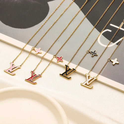 304 Stainless Steel Color-Inlay Monogram & Flower Necklace