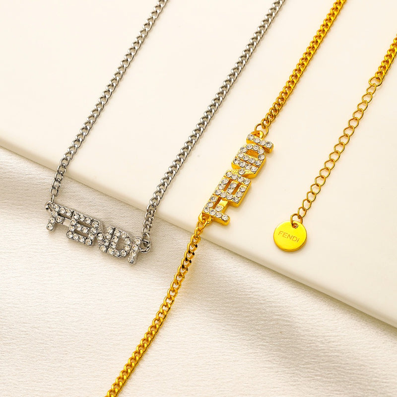 304 Stainless Steel Pave F-Motif Pendant Necklace