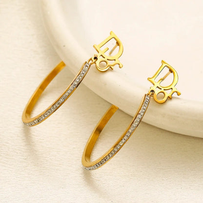 304 Stainless Steel Pave Oval Hoop Drop Earrings