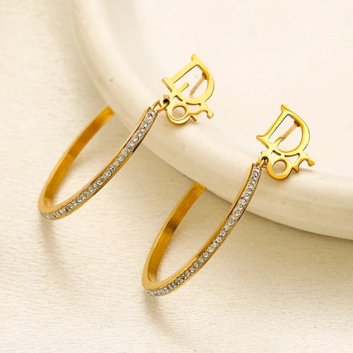 304 Stainless Steel Pave Oval Hoop Drop Earrings