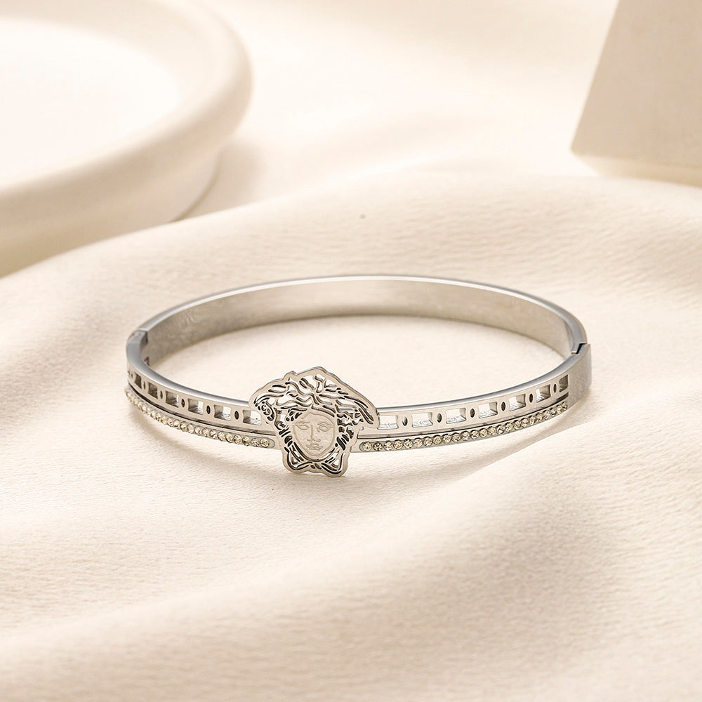 304 Stainless Steel Pave Medallion Bangle Bracelet