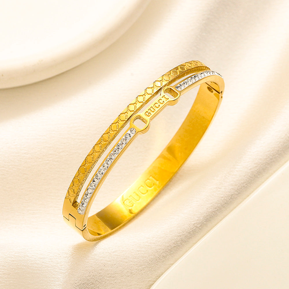 304 Stainless Steel Double-Row Pave Bangle Bracelet