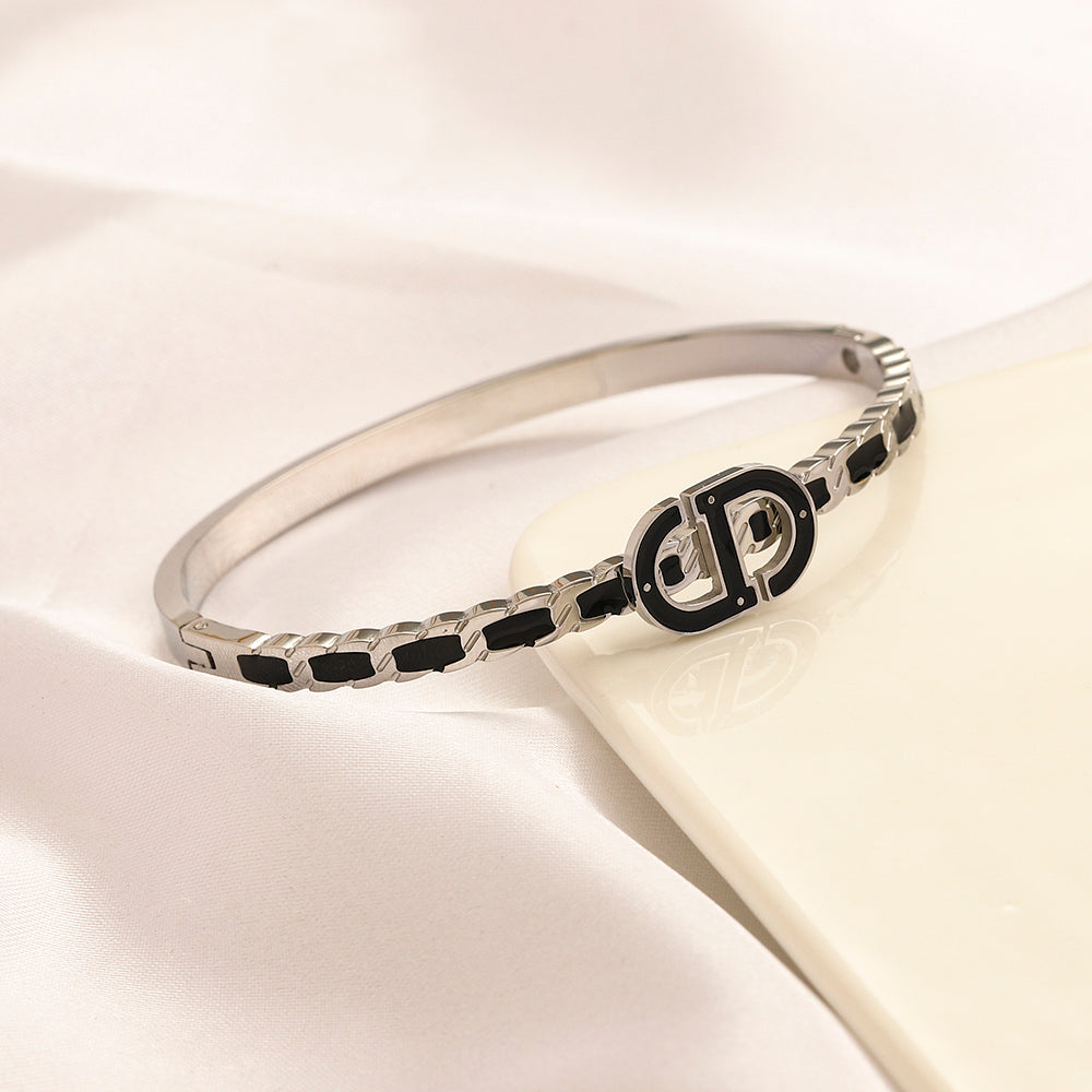 304 Stainless Steel Color-Inlay Round Monogram Bangle Bracelet