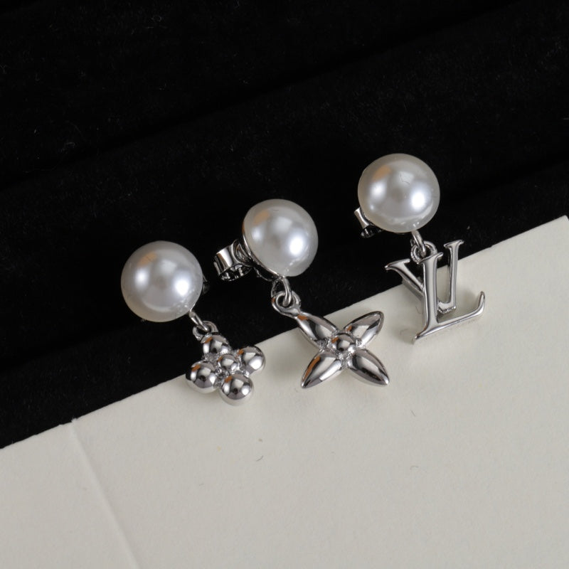 Pearl-Effect Floral & Letter Stud Earrings