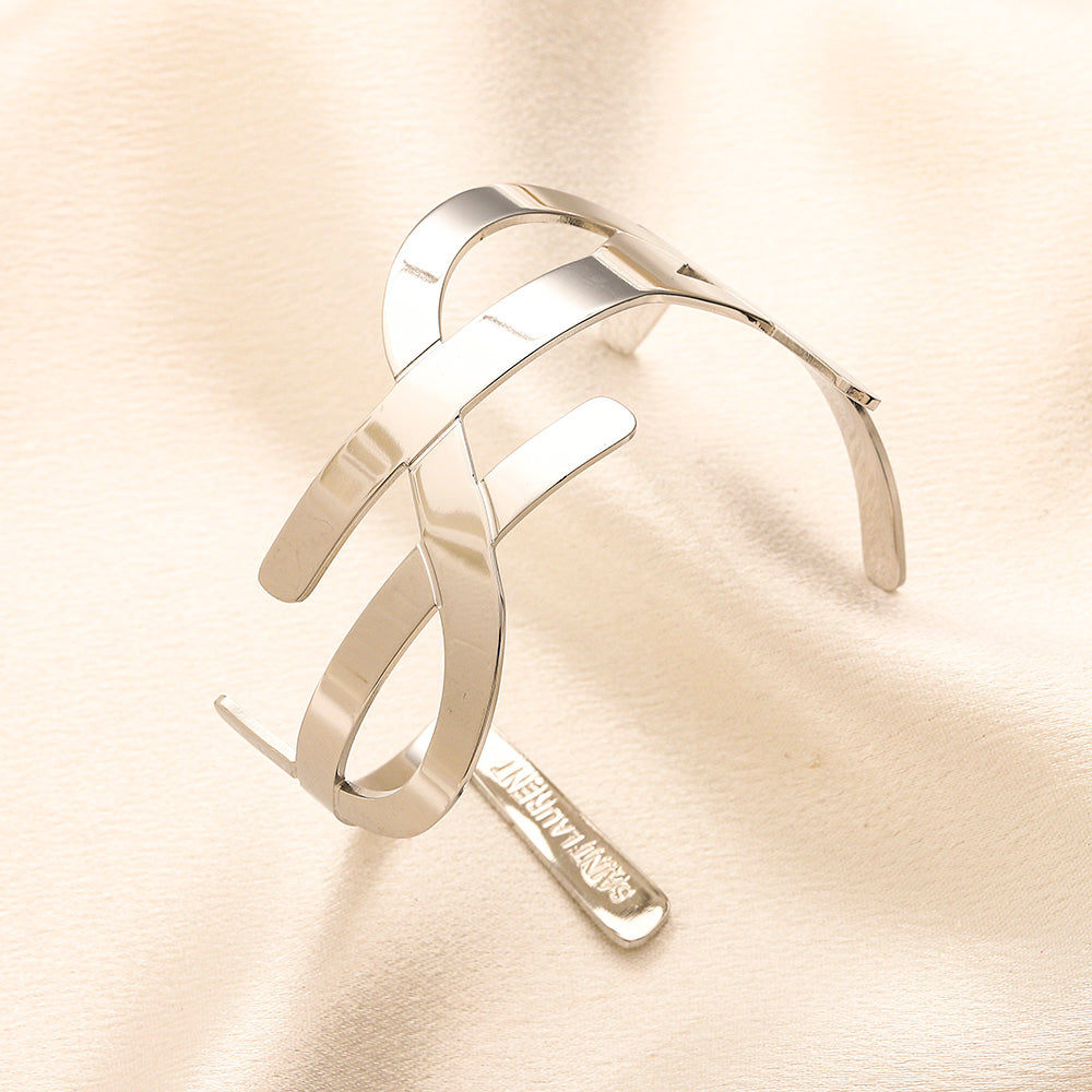304 Stainless Steel Open Double-Band Monogram Cuff Bracelet