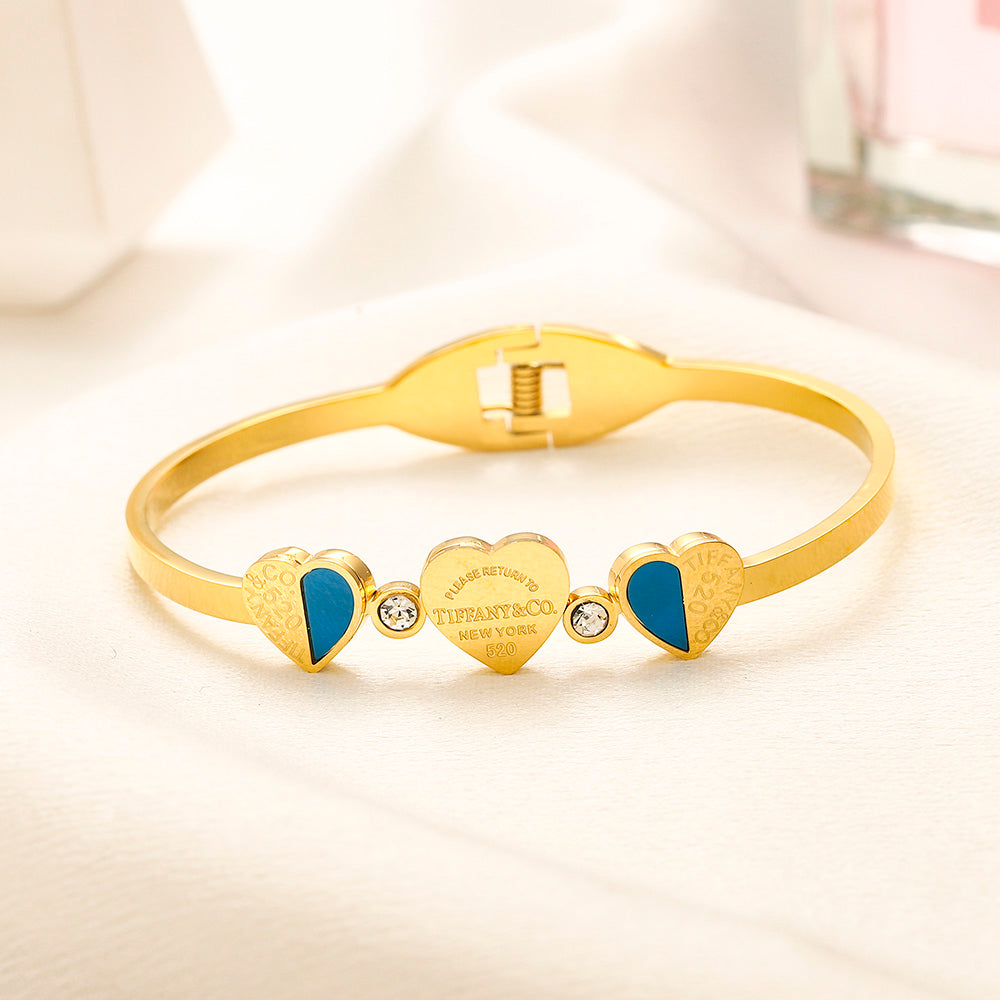 304 Stainless Steel Three-Heart Color-Inlay Bangle Bracelet