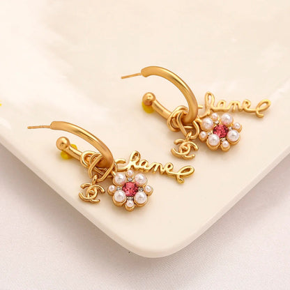 Alloy Letter & Bead Cluster Charm Hoop Earrings