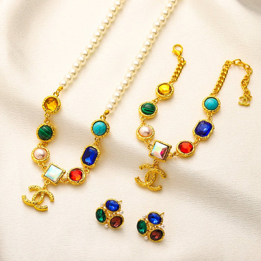 304 Stainless Steel Multicolor Stone Earrings, Bracelet & Necklace Collection