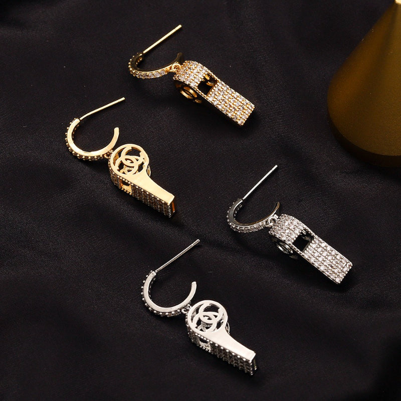 304 Stainless Steel Pave Key Charm Hoop Earrings