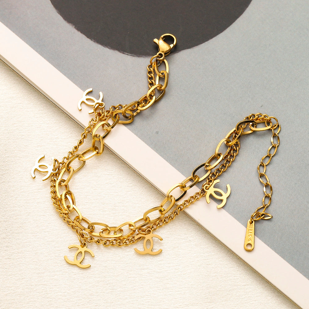 304 Stainless Steel Double-Chain Interlocking-C Charm Bracelet