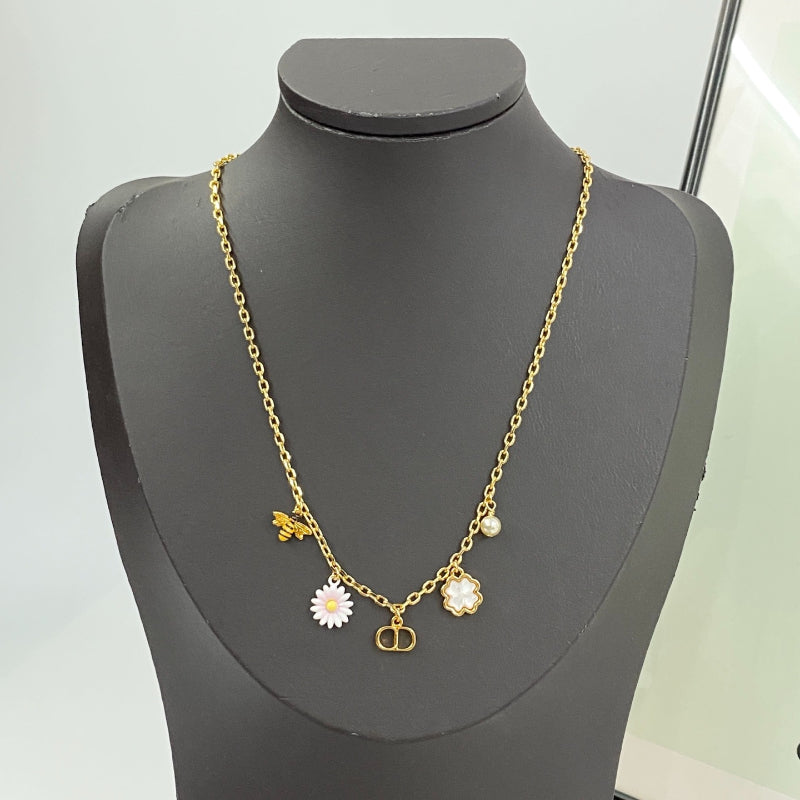 Floral Charm & Pearl-Look Bead Necklace