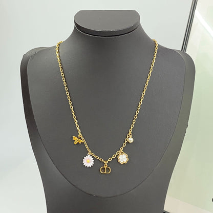 Floral Charm & Pearl-Look Bead Necklace