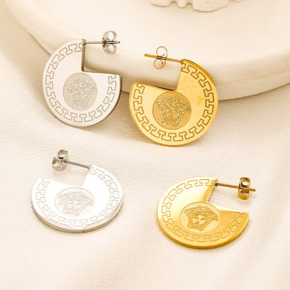 304 Stainless Steel Greek-Key Medallion Hoop Earrings