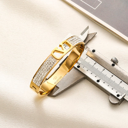304 Stainless Steel Pave V-Motif Bangle Bracelet