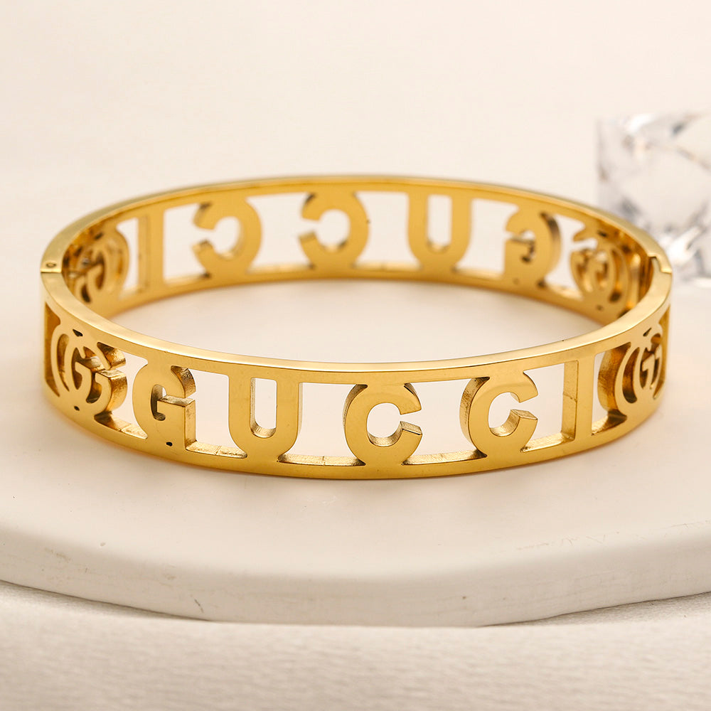 304 Stainless Steel Openwork Lettering Pave Bangle Bracelet
