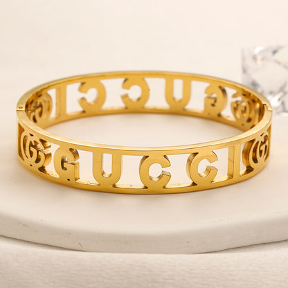 304 Stainless Steel Openwork Lettering Pave Bangle Bracelet