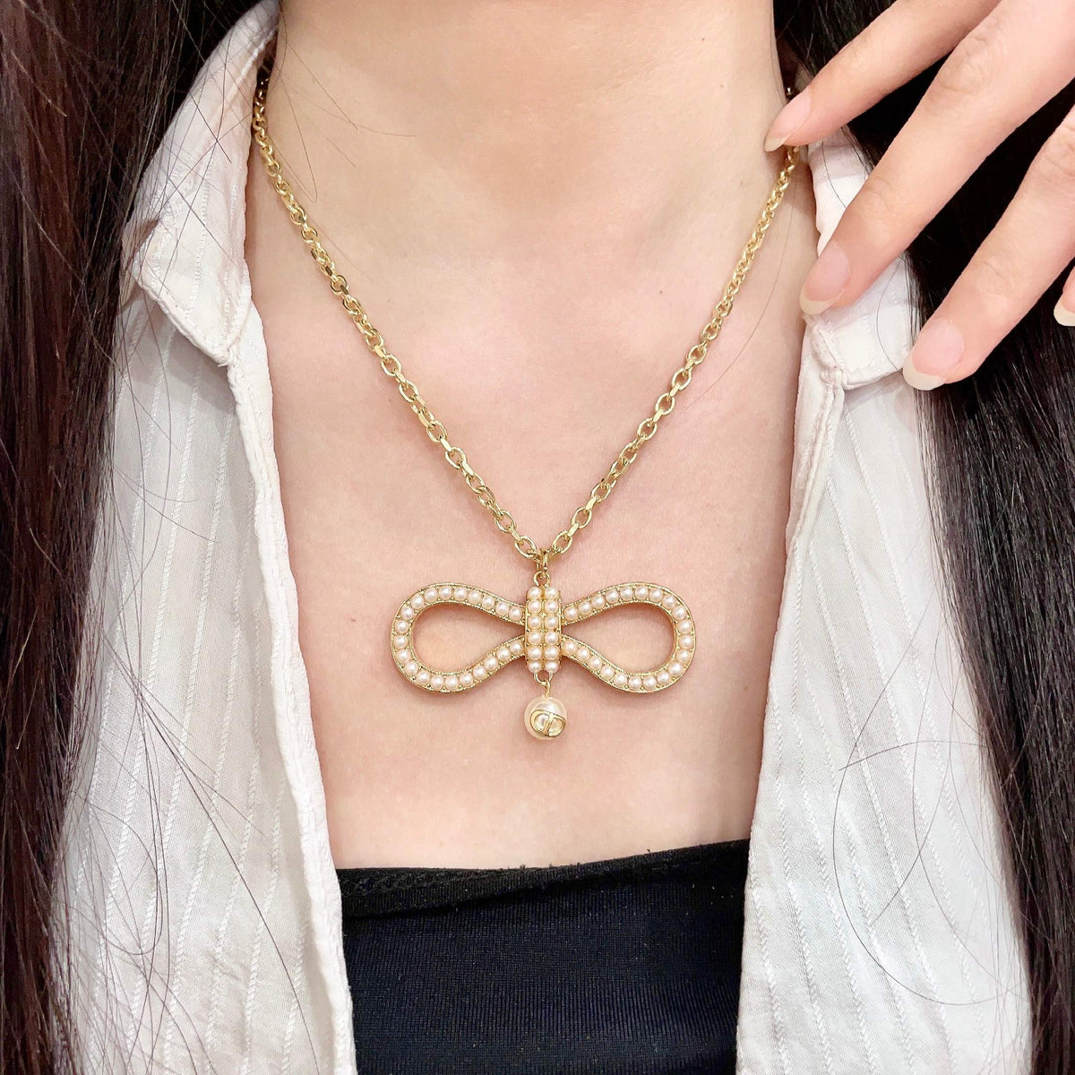 Pave Infinity Pendant Necklace with Pearl-Look Drop