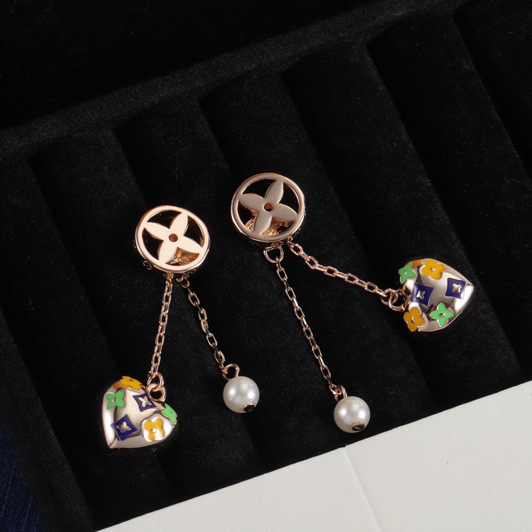 Heart & Pearl-Effect Double Chain Earrings