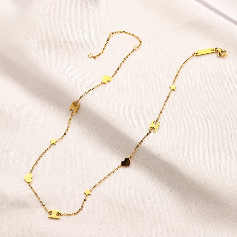 304 Stainless Steel Heart & Star Charm Necklace