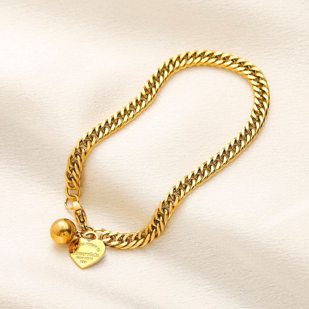 304 Stainless Steel Heart Charm Curb Chain Bracelet
