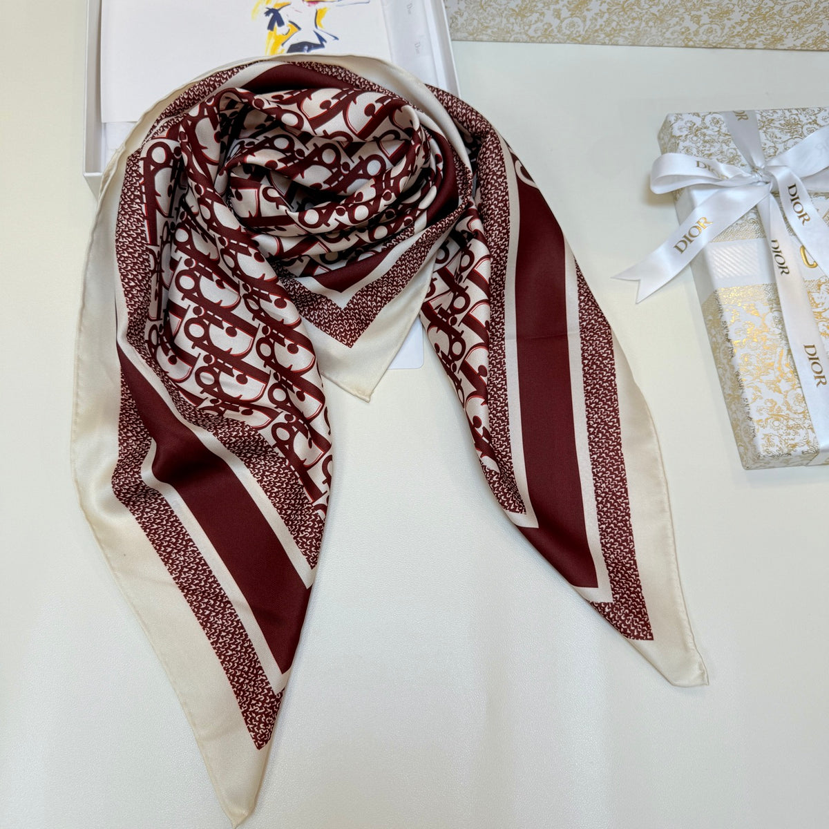 Repeating Monogram Stripe-Edge Square Scarf - 90 x 90 cm