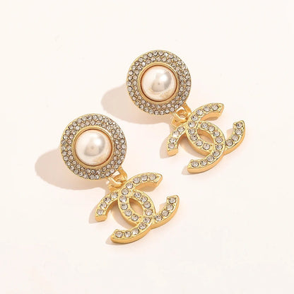 Alloy Pearl-Effect Round Top Interlocking-C Drop Earrings